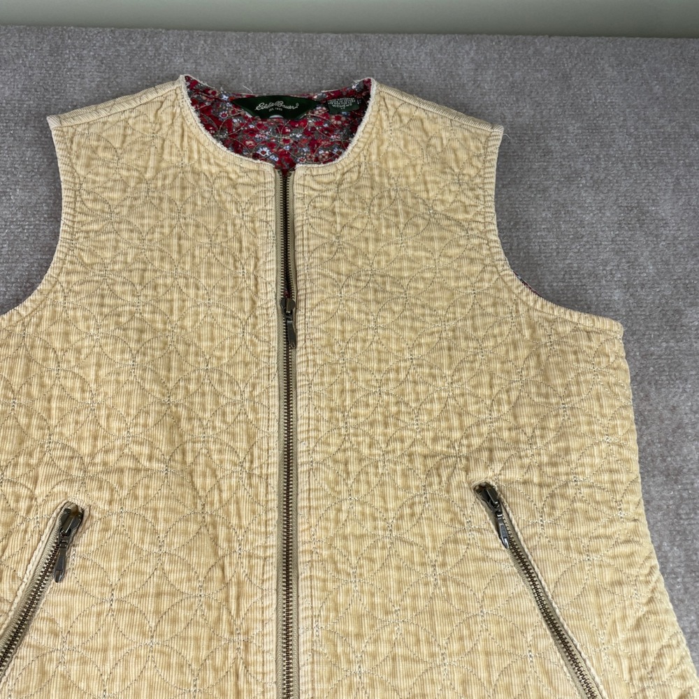 Eddie Bauer VTG Quilted Corduroy Vest Women S Beige Floral Lining Zip Pockets - Picture 4 of 14